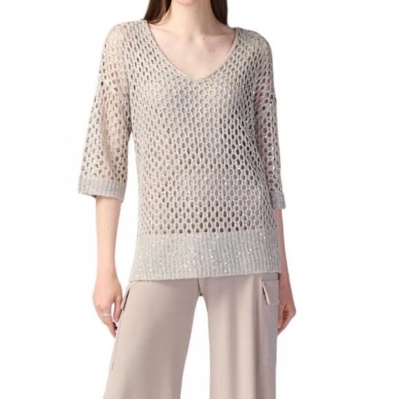 Joseph Ribkoff metallic sequined openwork tunic sweater in champagne - Size L - Picture 1 of 11